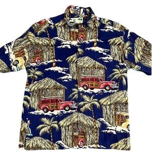 VTG Koko Island L Hawaiian Shirt Blue Woody Wagon Surfboard Palm Trees USA EUC